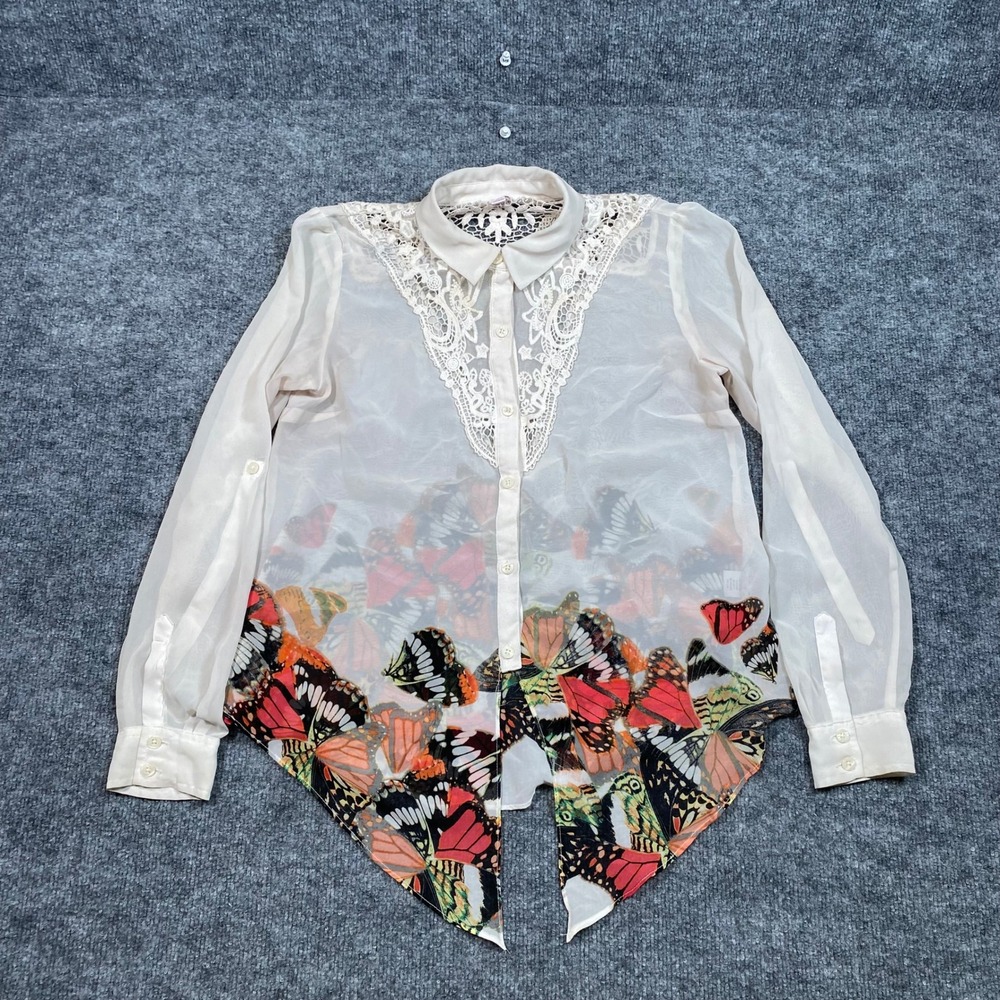 Candies Butterfly Print Sheer Lace‎ Button Up Blouse Cream Orange Womens Medium